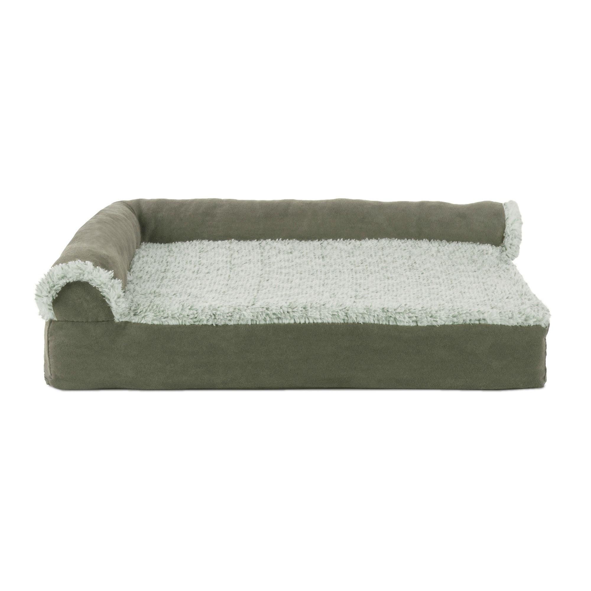 FurHaven Two-Tone Faux Fur & Suede Deluxe Chaise Lounge Cooling Gel Top Pet Bed - Dark Sage