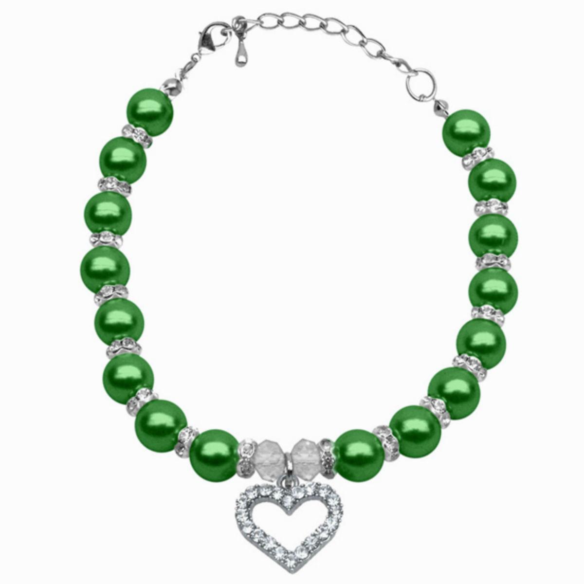 Heart and Pearl Dog Necklace - Lime Green