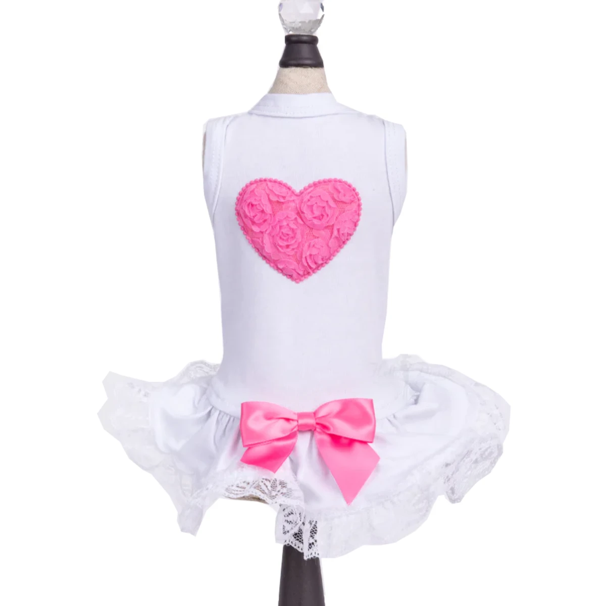 Hello Doggie Lacey Puff Heart Dog Dress - Hot Pink & White