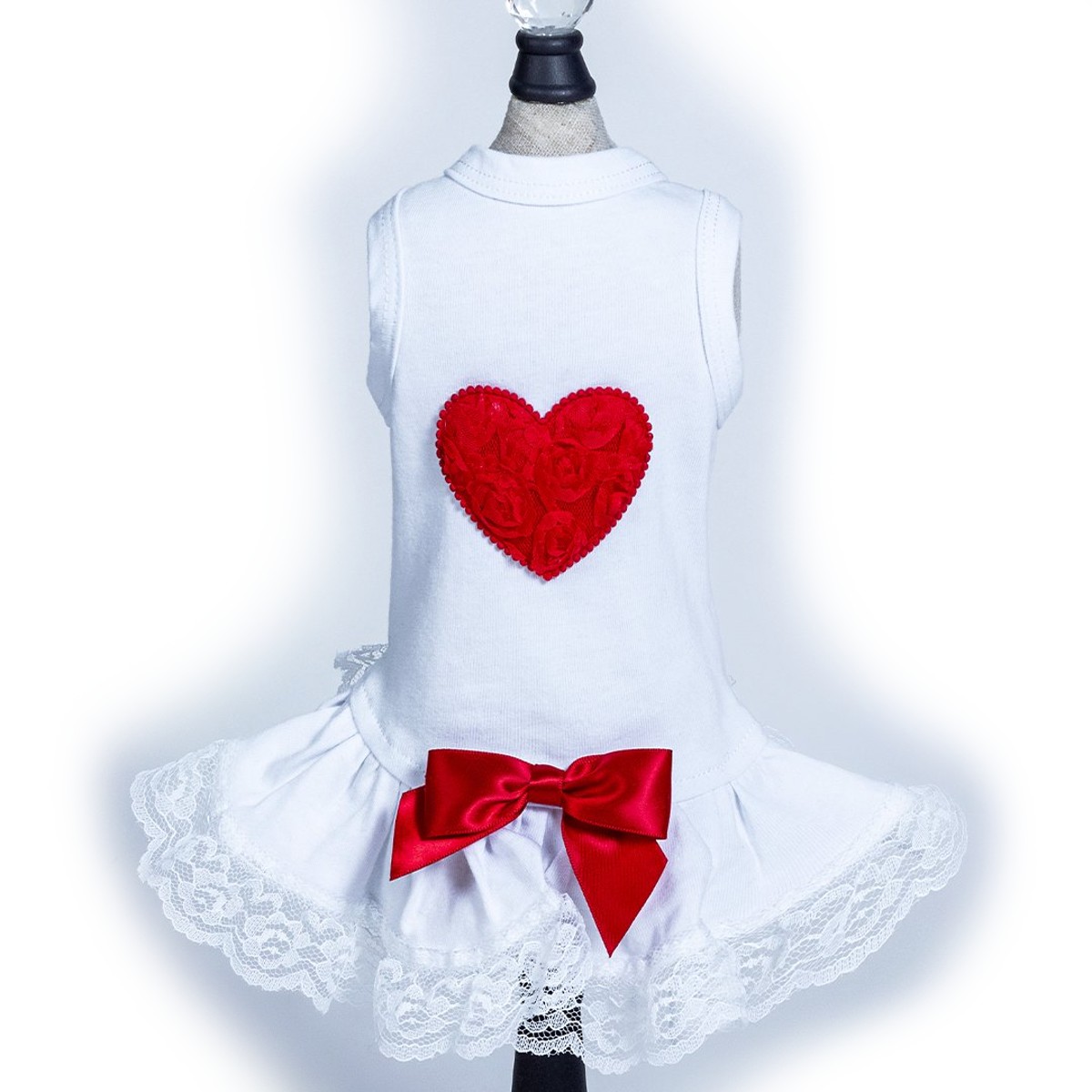 Hello Doggie Lacey Puff Heart Dog Dress - Red & White
