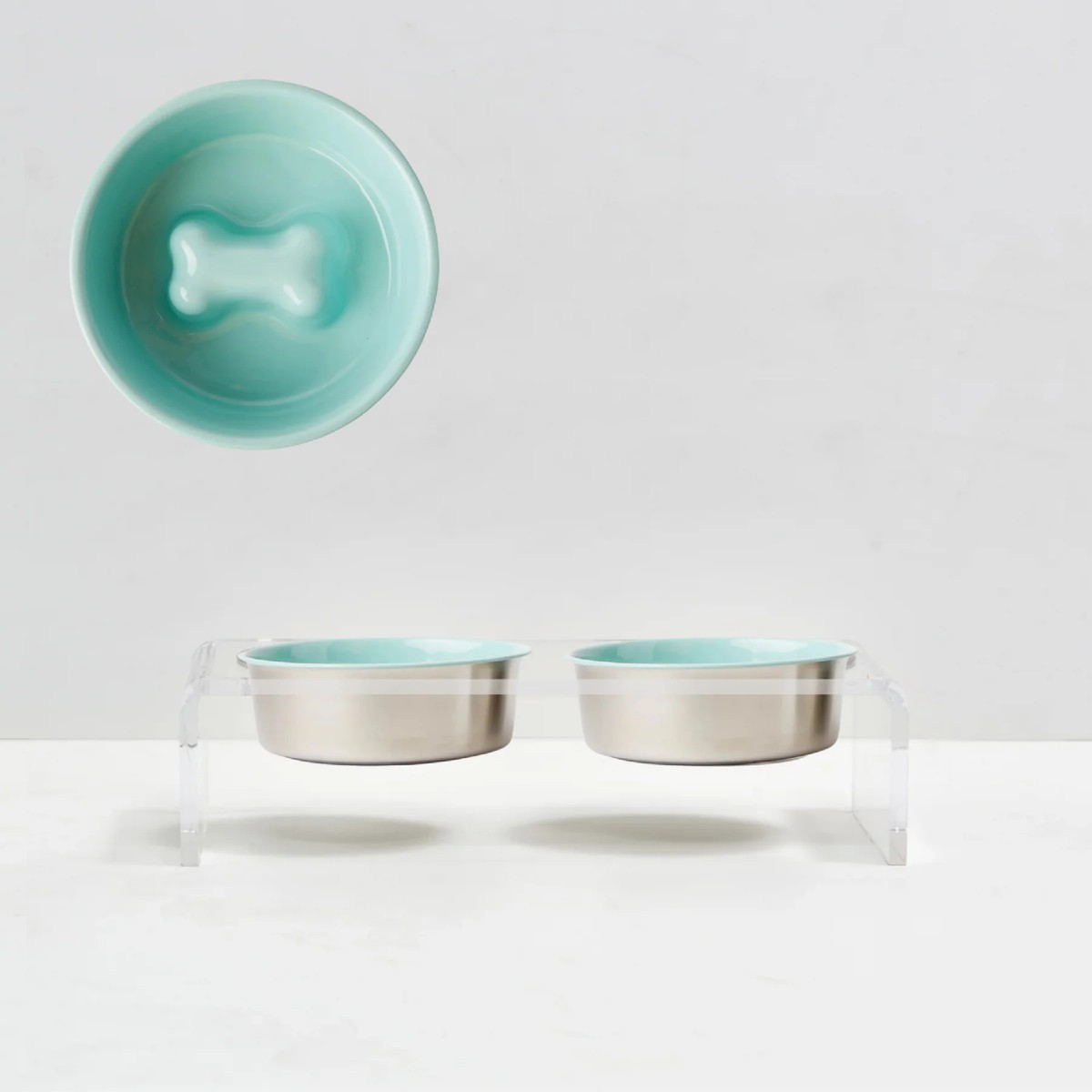 Hiddin Clear Double Dog Bowl Slow Feeder - Teal Bowls