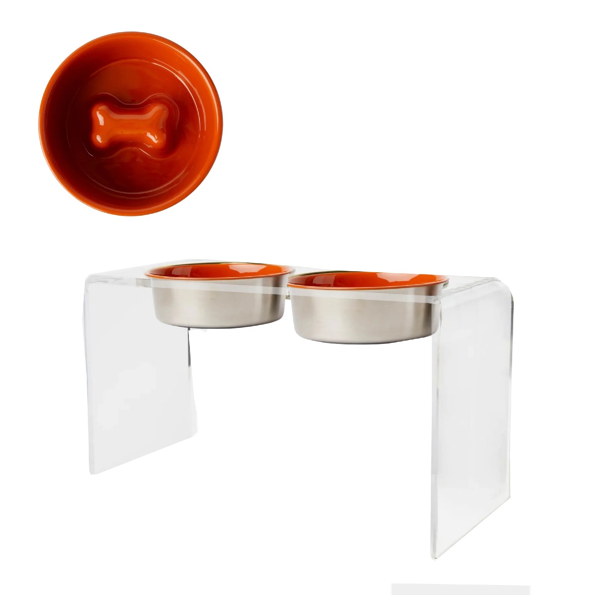 Hiddin Clear Double Dog Bowl Slow Feeder - Orange Bowls