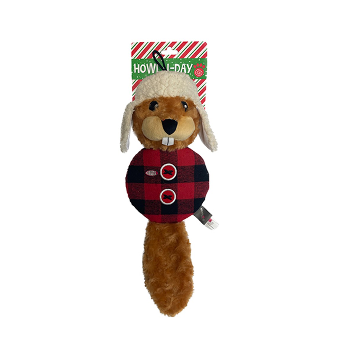 Petrageous Holiday Dog Toy - Buffalo Check Beaver with Squeaker Disc Belly