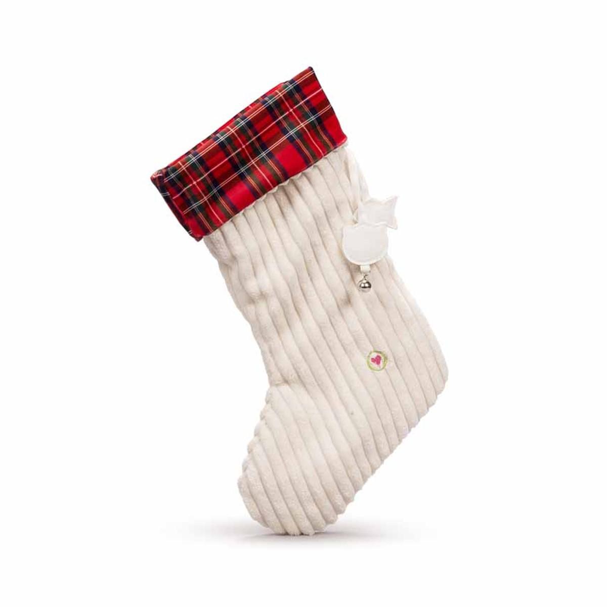 HuggleHounds Holiday Cat Stocking - Off White Corduroy with Tartan Cuff