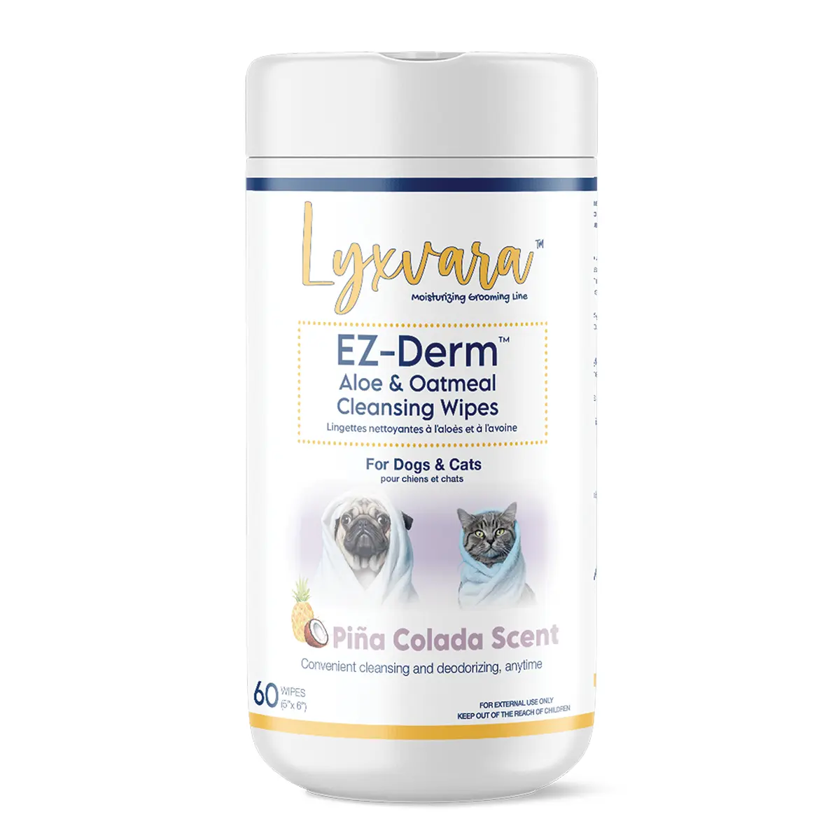 Lyxvara EZ-Derm® Aloe and Oatmeal Cleansing Wipes for Dogs and Cats - Piña Colada Scent