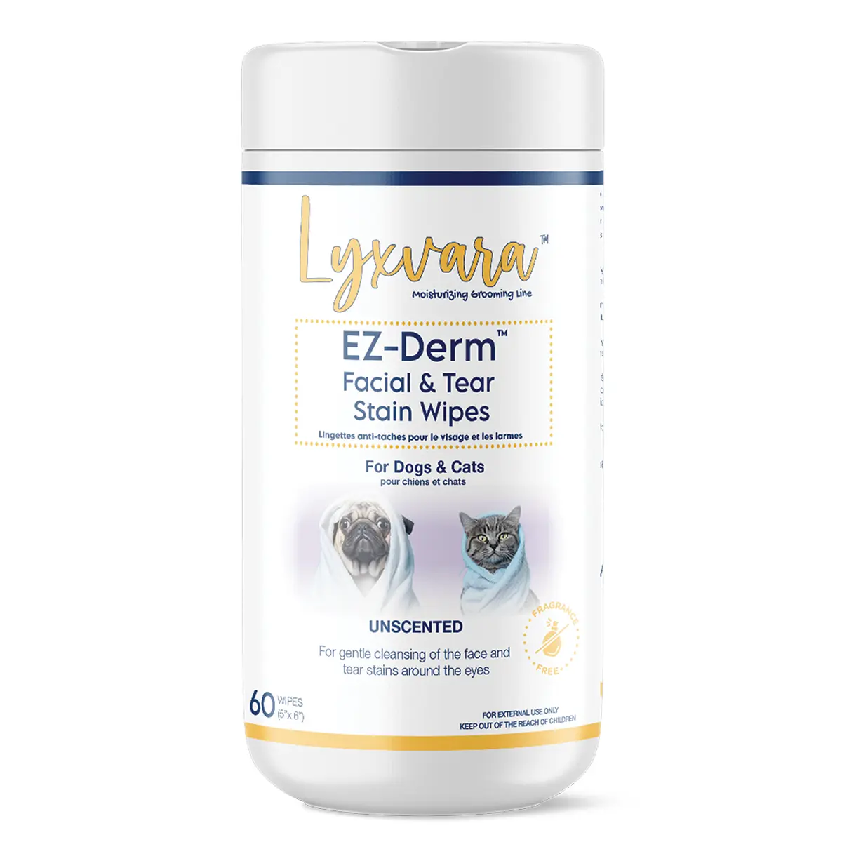 Lyxvara EZ-Derm® Facial and Tear Stain Wipes for Dogs and Cats - Unscented