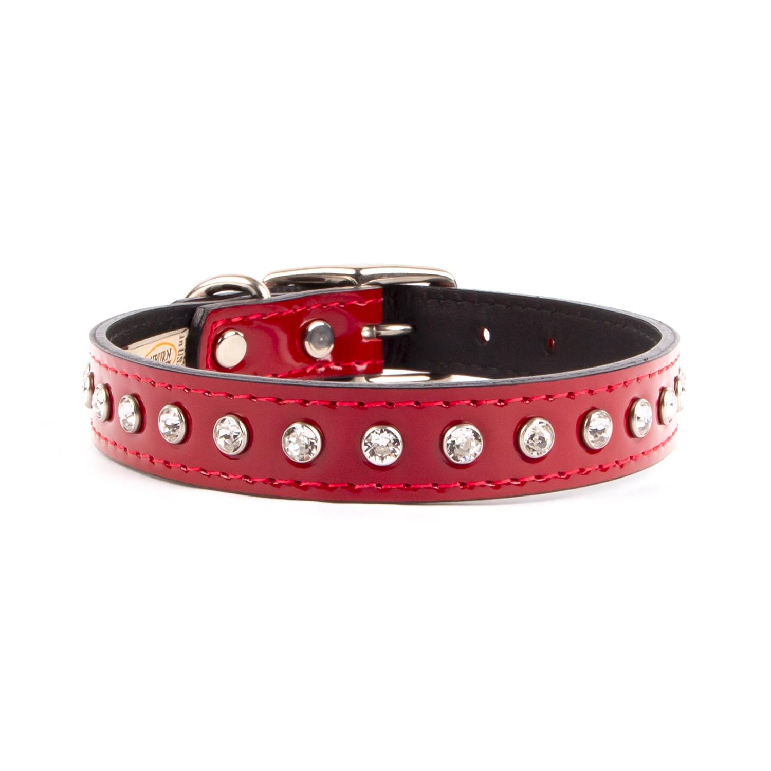 Auburn Leathercrafters Manhattan Patent Leather Dog Collar - Red 1 Row Crystalized
