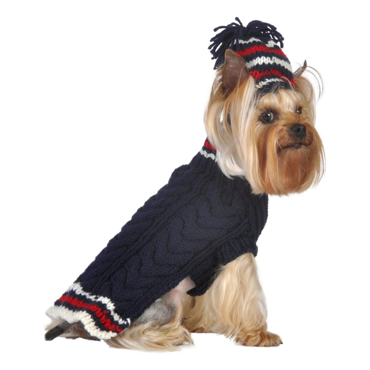 Max's Closet Chunky Cable Dog Sweater & Hat Combo - Navy
