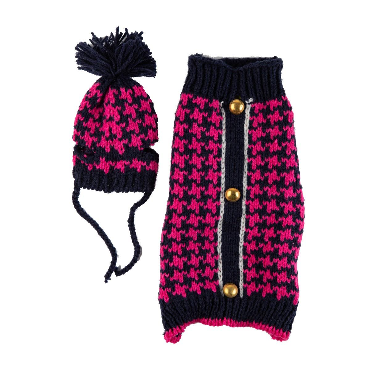 Max's Closet Houndstooth Dog Sweater & Hat Combo - Navy & Hot Pink