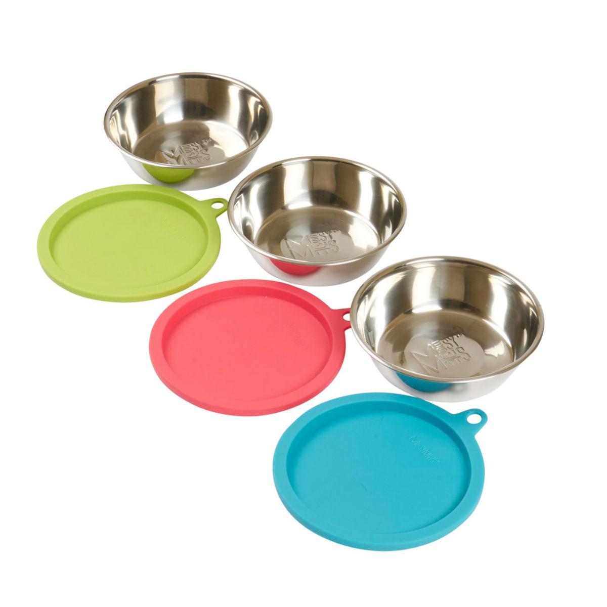 Messy Mutts Dog Bowl Saver Box Set - 3 Stainless Steel Bowls + 3 Silicone Lids