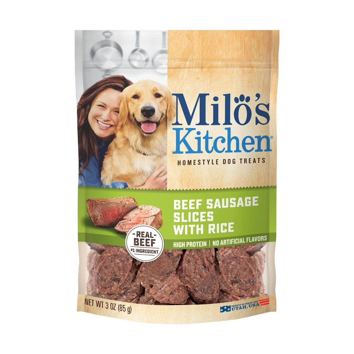 Milo's Kitchen Homestyle Dog Treats - Beef Sausage Slices with Rice