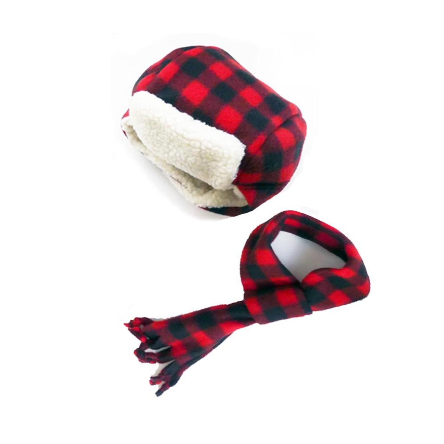 My Canine Kids Aviator Hat and Scarf Set for Dogs - Red Buffalo Plaid
