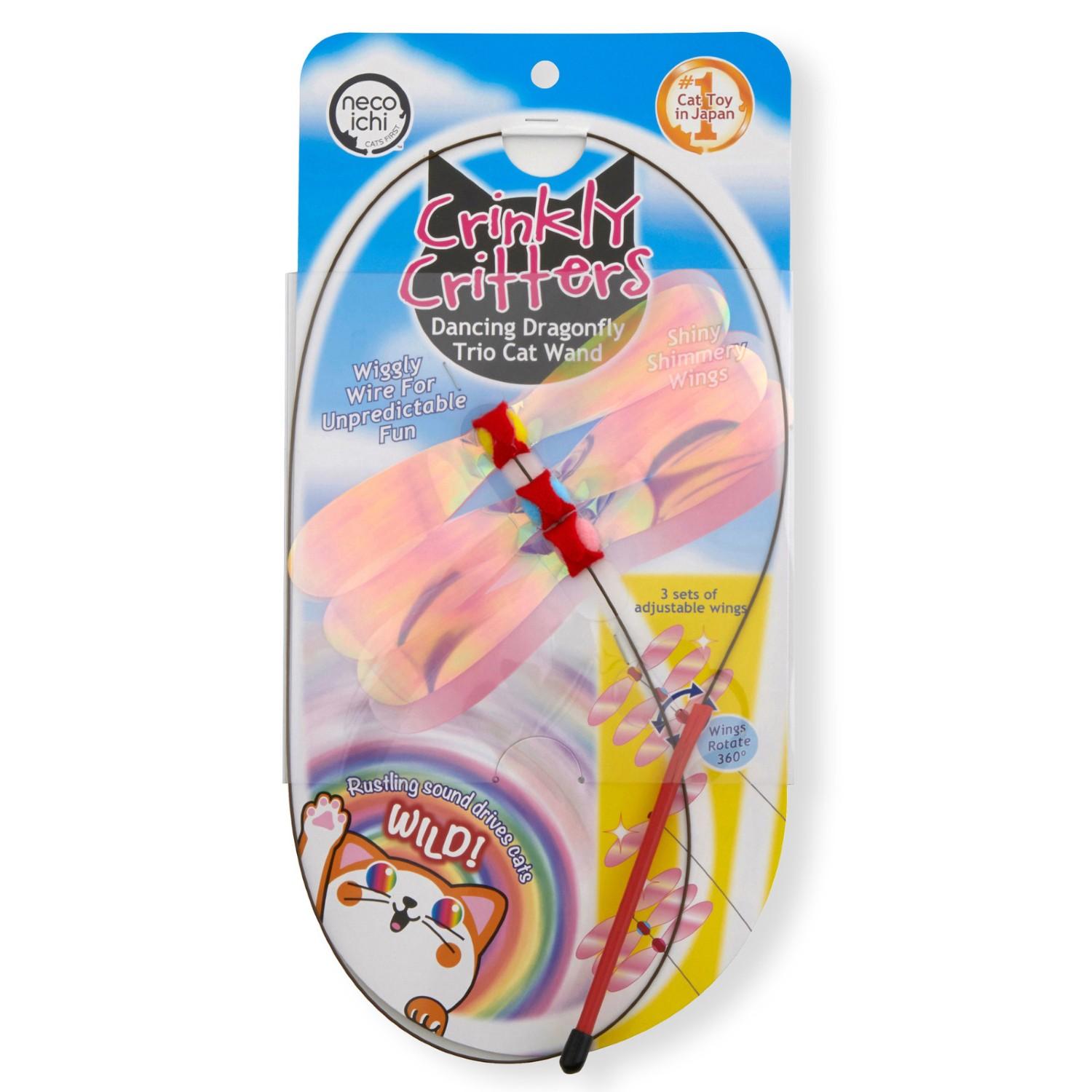 Necoichi Crinkly Critters Adjustable Cat Toy Wand - Dancing Dragonfly Trio