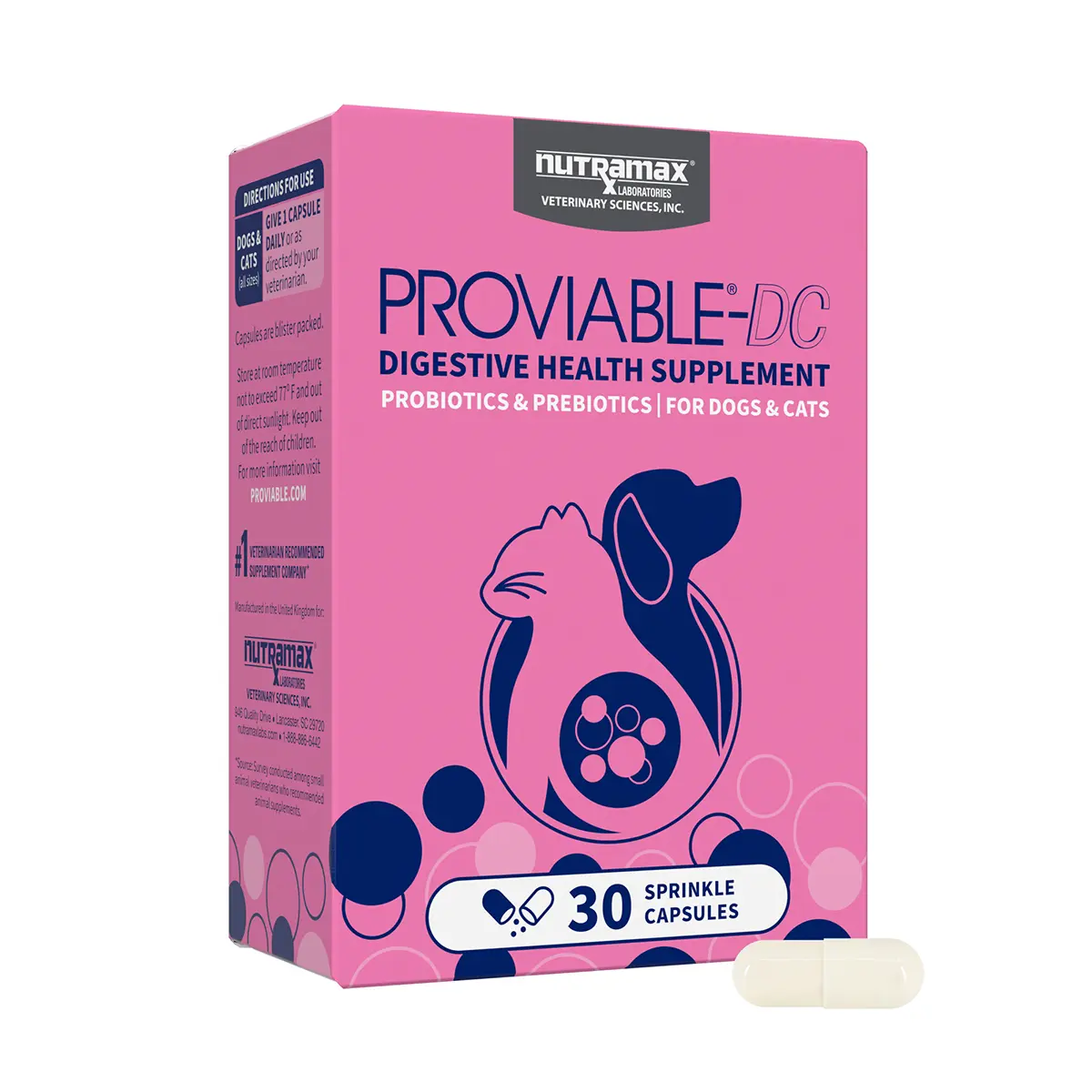 Nutramax Proviable Digestive Health Supplement Multi-Strain Probiotics and Prebiotics for Cats and Dogs Capsules