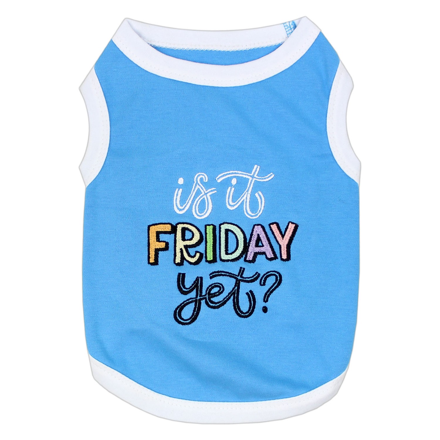 Parisian Pet Is It Friday Yet? Dog Tank - Blue with White Trim