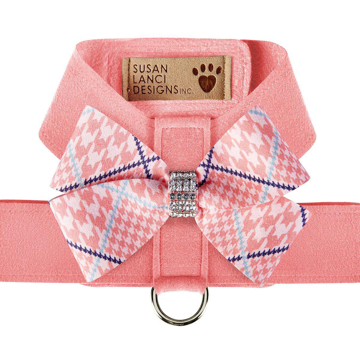 Peaches & Cream Glen Houndstooth Nouveau Bow Tinkie Dog Harness by Susan Lanci - Peach