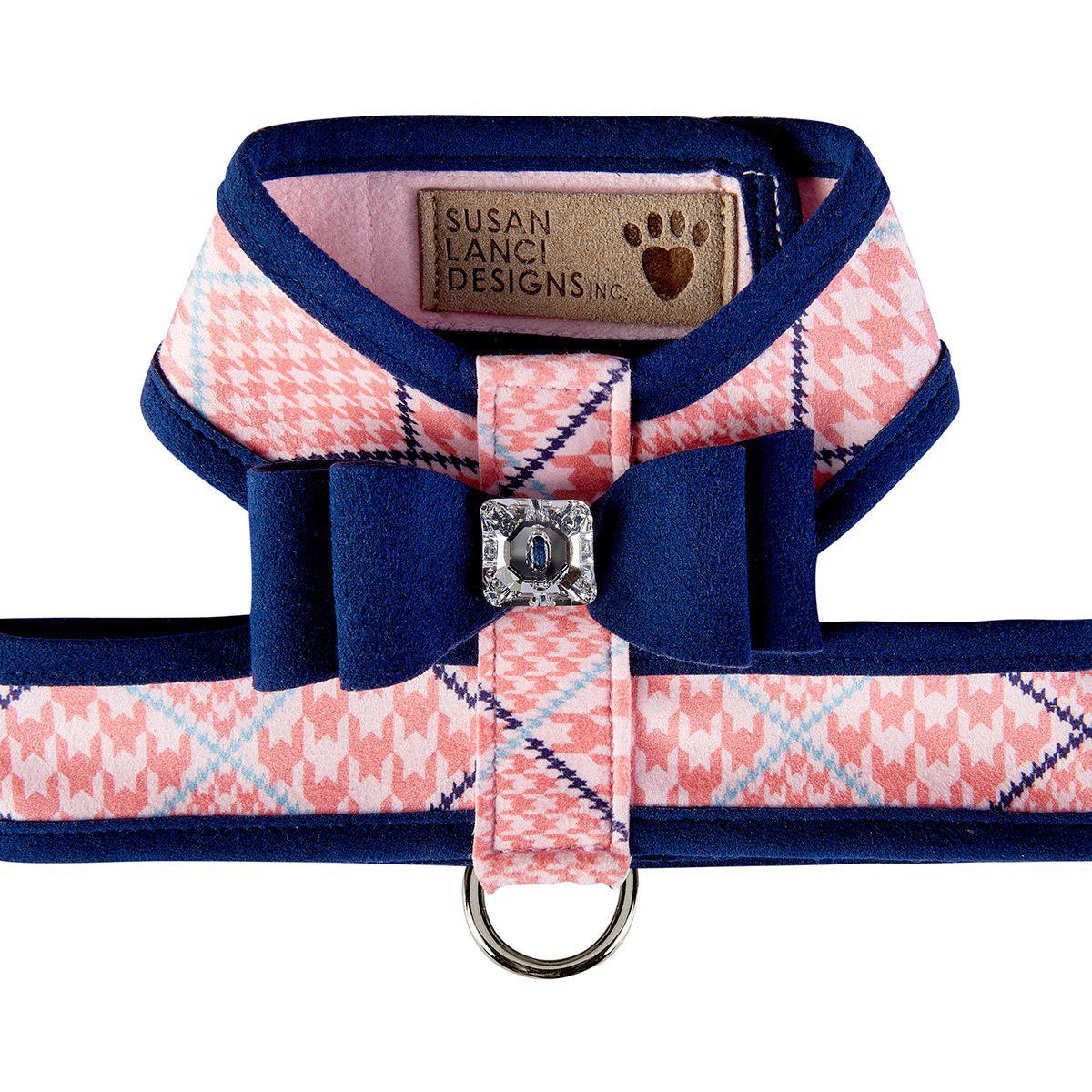 Peaches N' Cream Glen Houndstooth Tinkie Dog Harness with Big Bow and Trim by Susan Lanci - Indigo