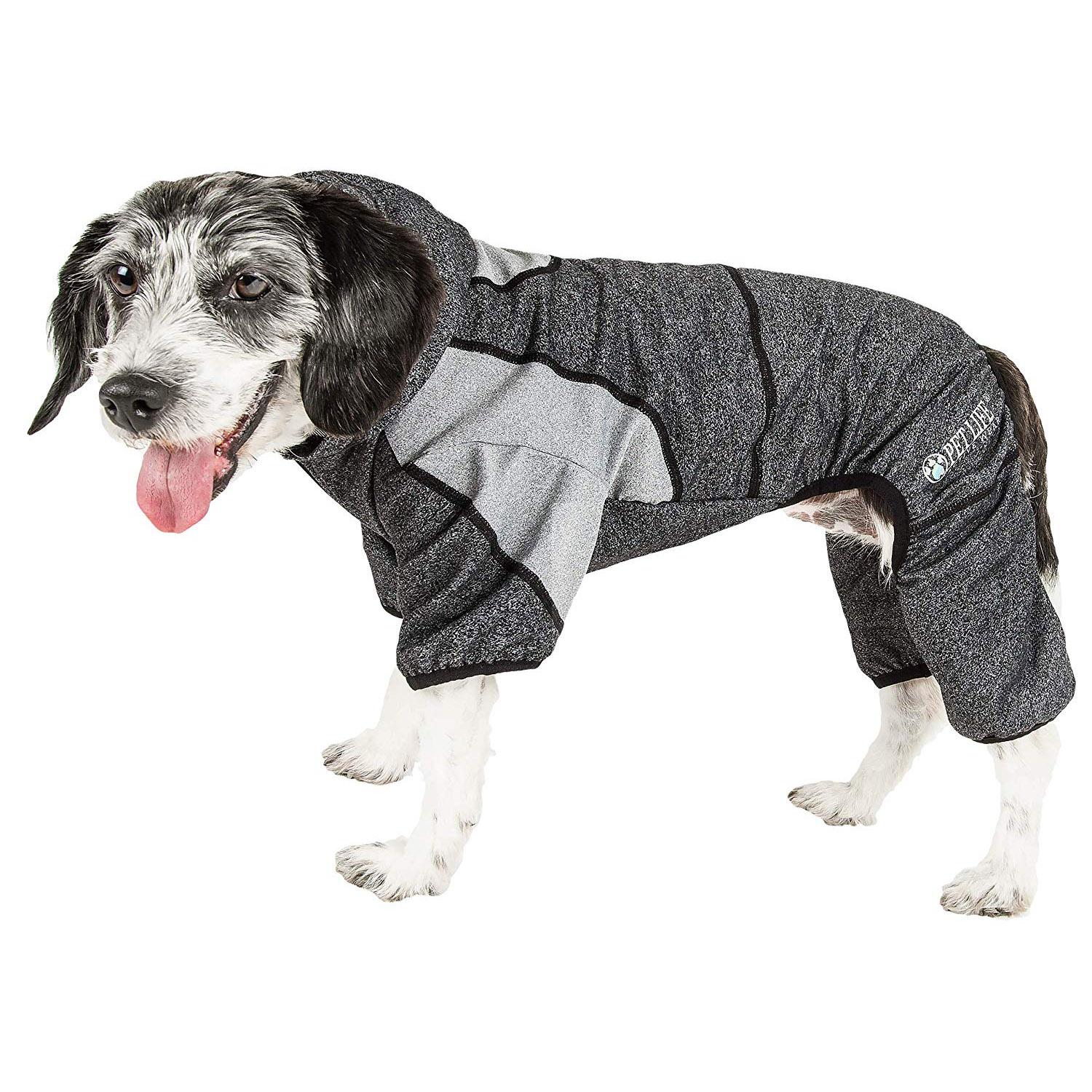 Pet Life ACTIVE Fur-Breeze Performance Full Body Warm-Up Dog Hoodie - Black and Gray