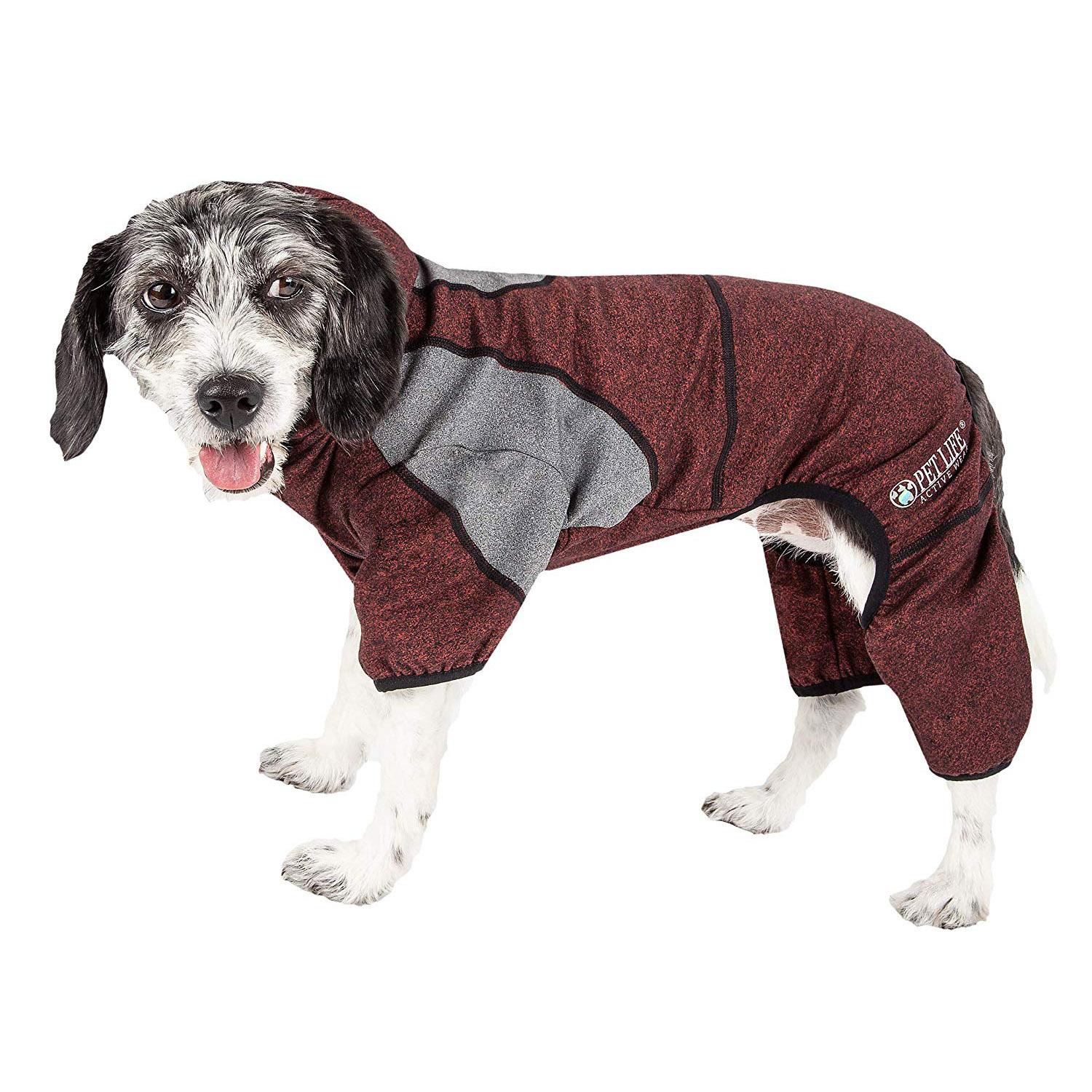 Pet Life ACTIVE Fur-Breeze Performance Full Body Warm-Up Dog Hoodie - Burgundy and Gray