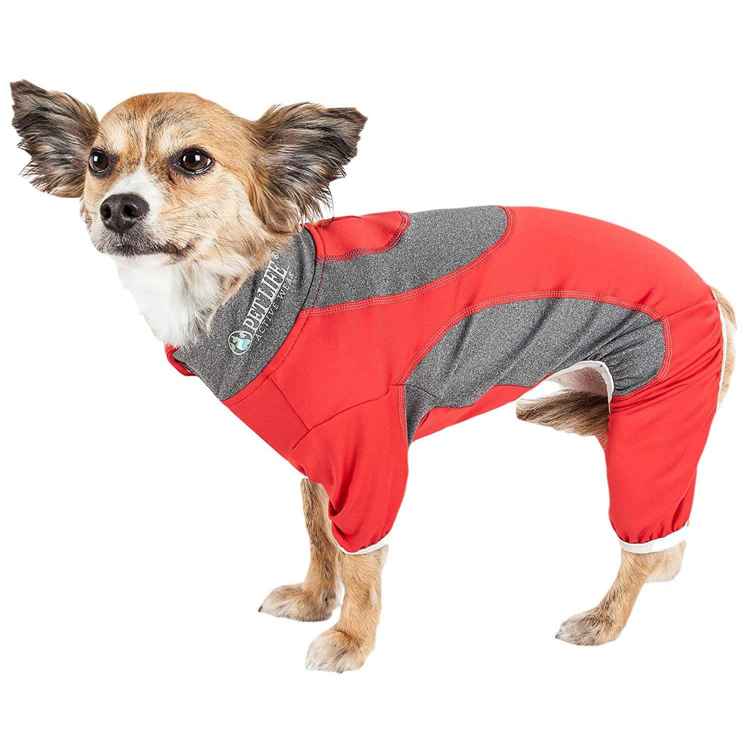 Pet Life ACTIVE Warm-Pup Performance Jumpsuit - Red and Gray