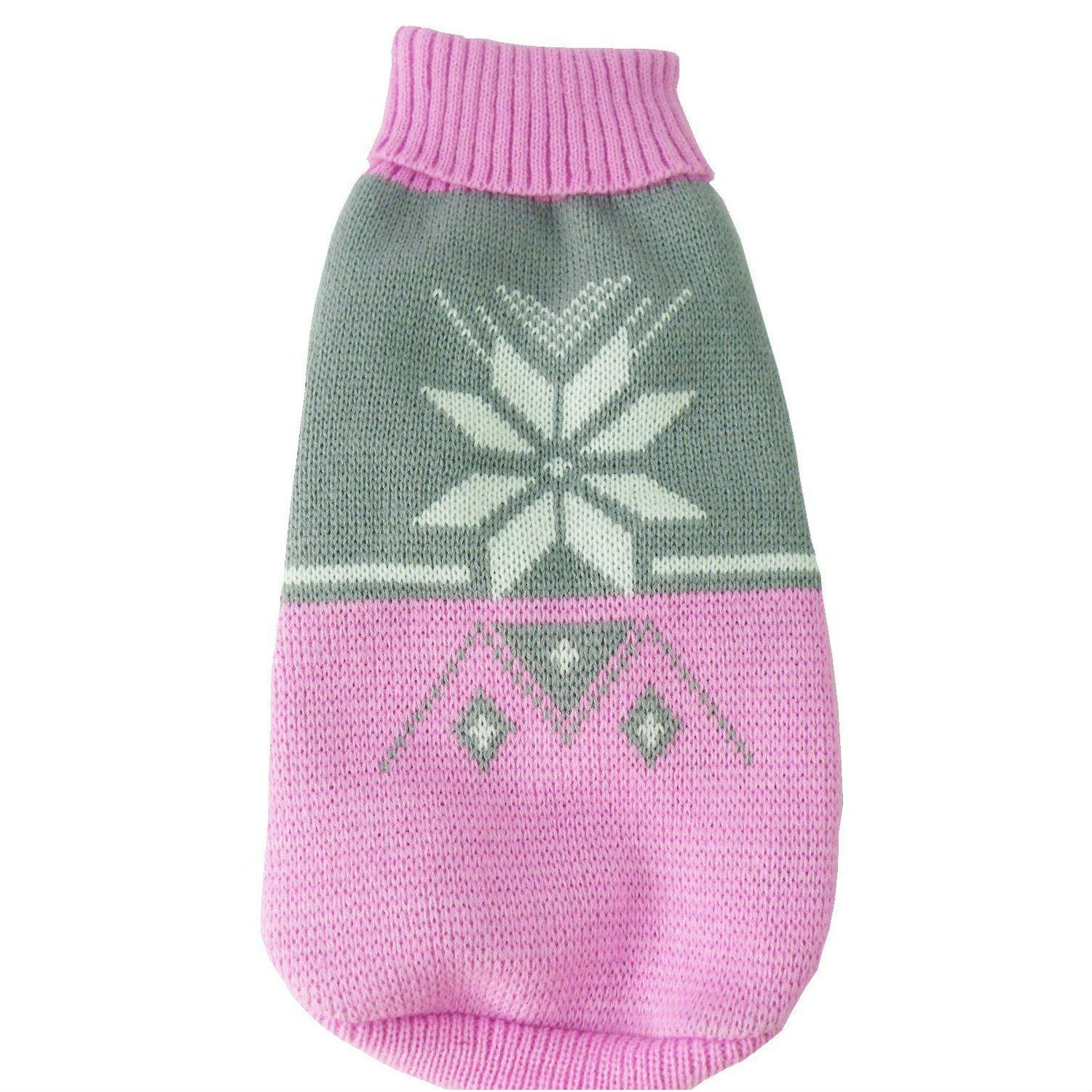 Pet Life Snow Flake Cable-Knit Ribbed Turtleneck Dog Sweater - Pink and Gray