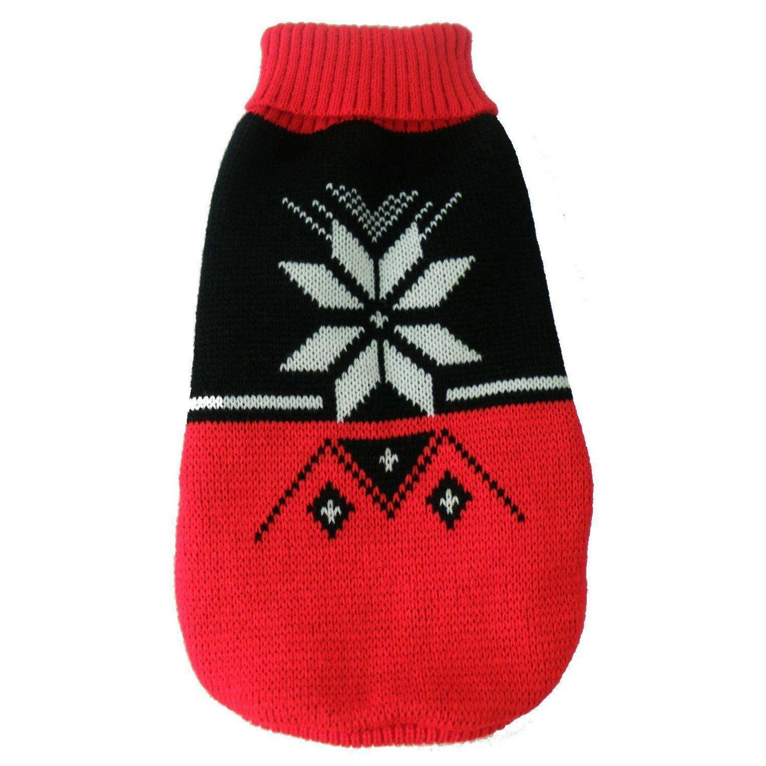 Pet Life Snow Flake Cable-Knit Ribbed Turtleneck Dog Sweater - Red and Black