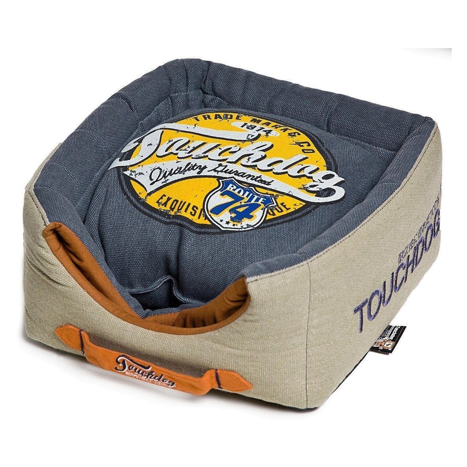 Pet Life Touchdog Vintage Squared 2-in-1 Collapsible Dog and Cat Bed - Navy Blue, Beige