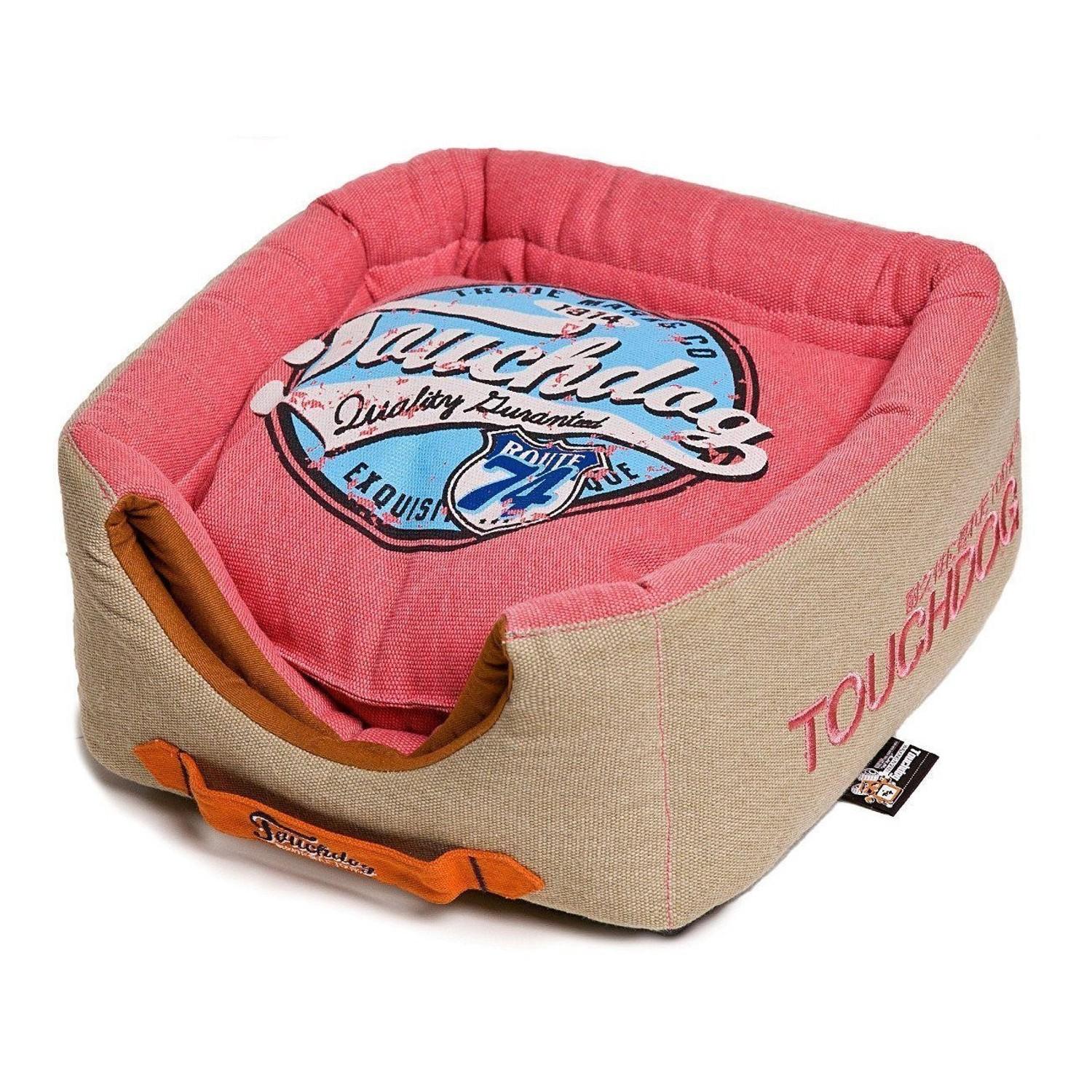 Pet Life Touchdog Vintage Squared 2-in-1 Collapsible Dog and Cat Bed - Bubblegum Pink, Beige