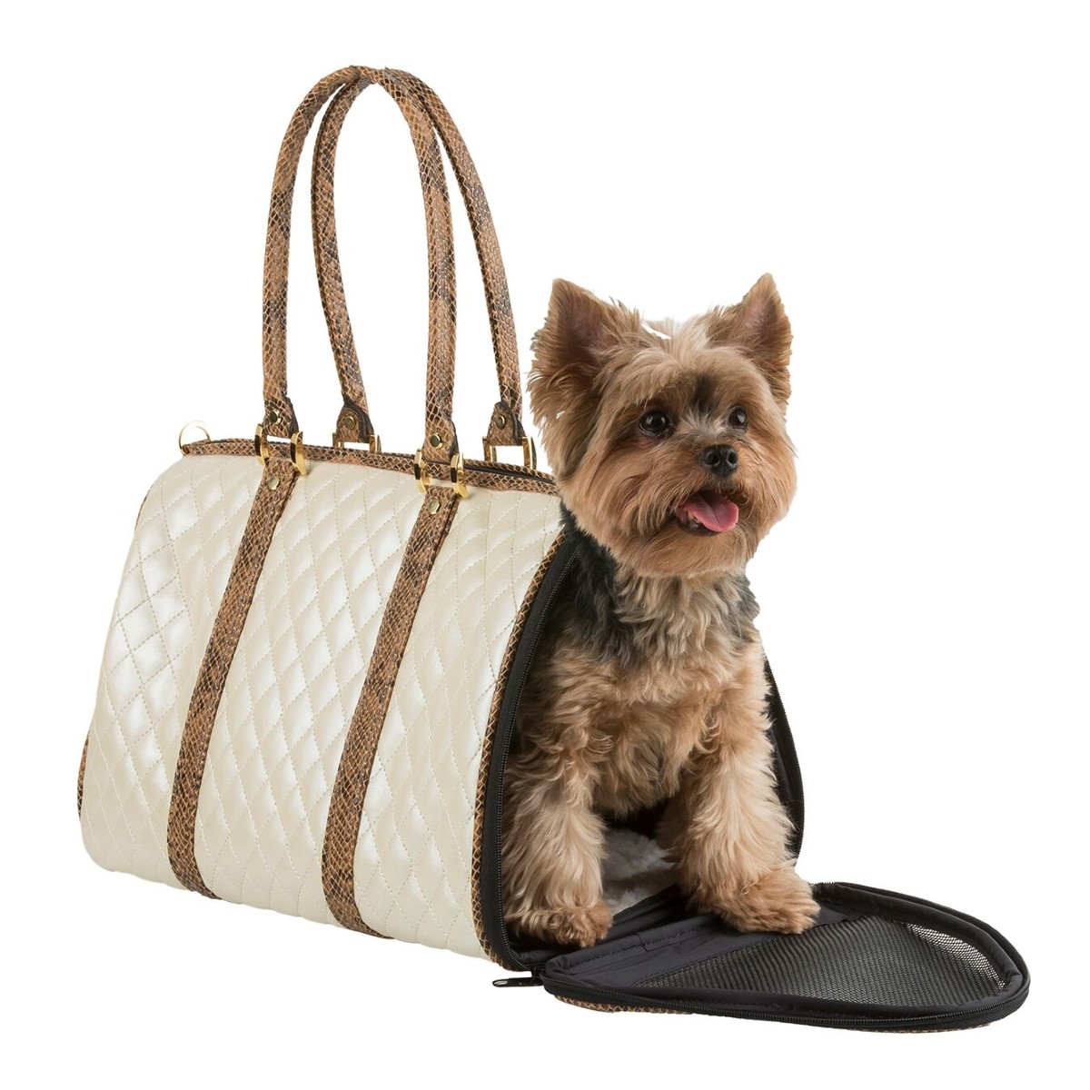 Petote JL Duffel Quilted Luxe Dog Carrier - Ivory with Snake Trim