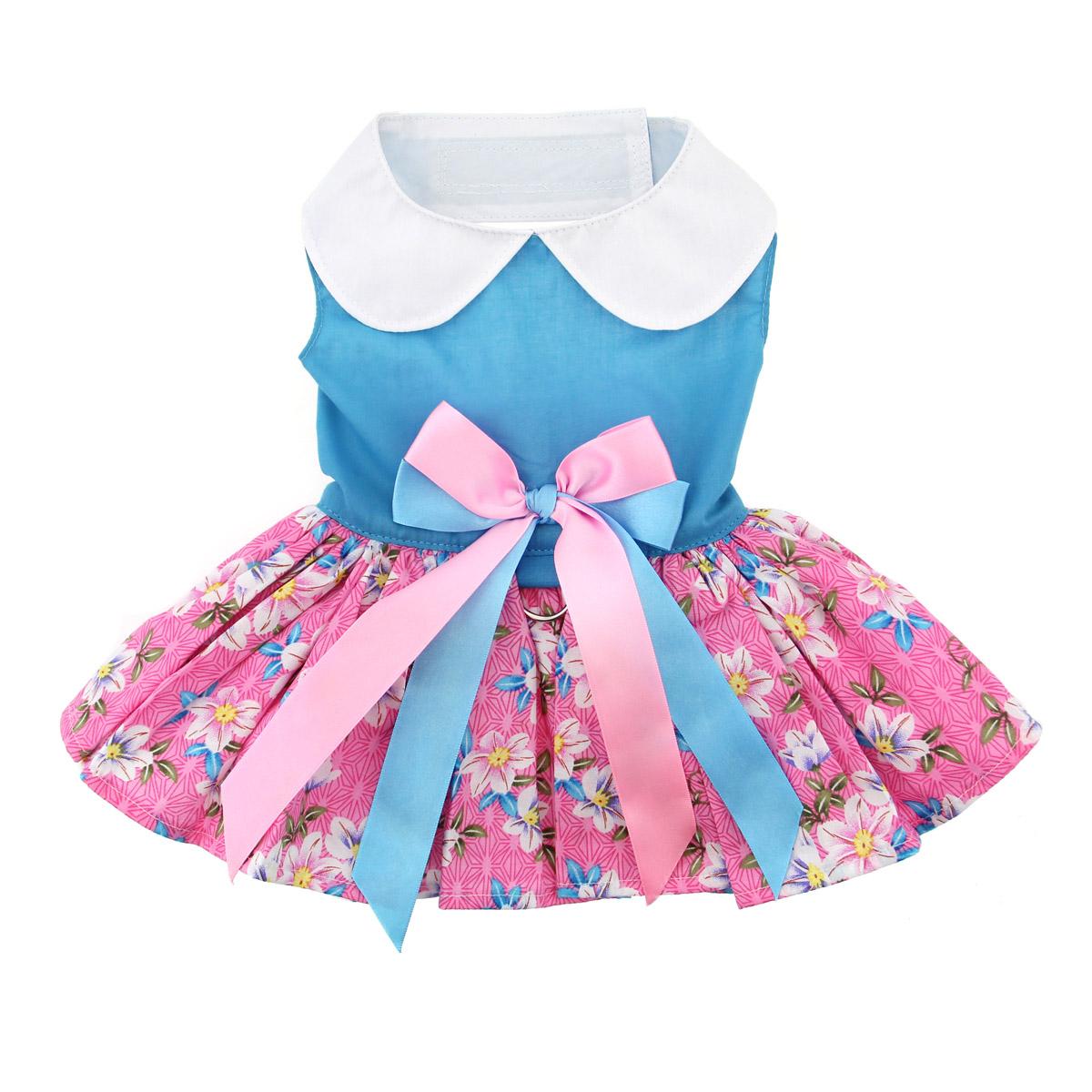 Pink and Blue Plumeria Dog Harness Dress by Doggie Design