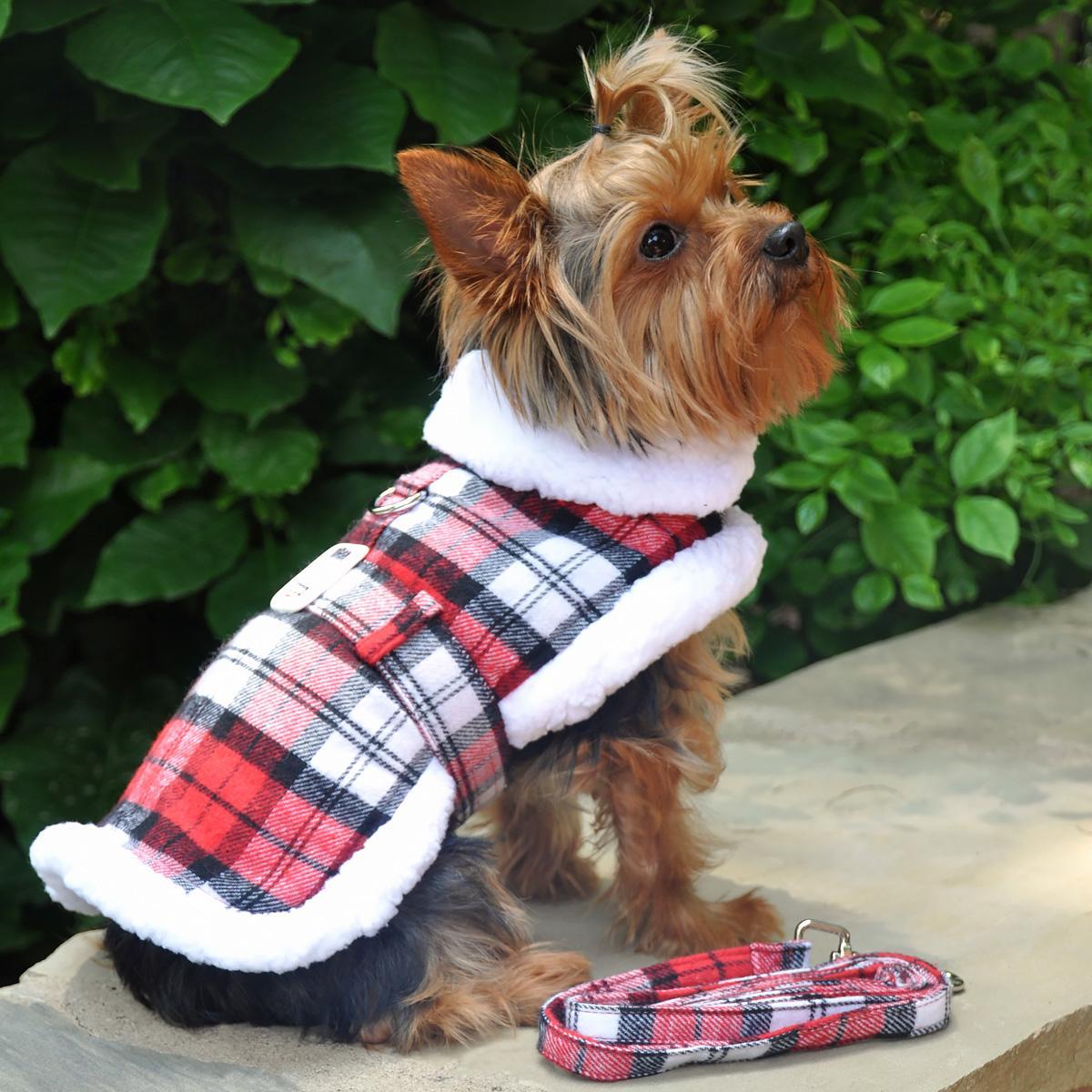 Doggie Design Plaid Sherpa Fleece Lined Dog Harness Coat - Red & White