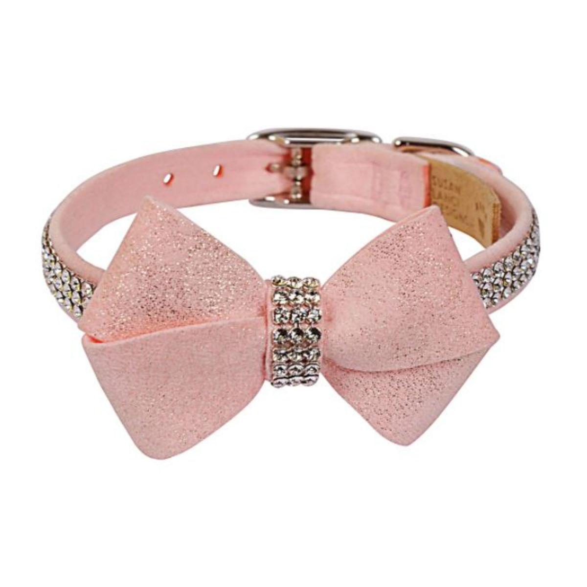 Susan Lanci Glizerati Nouveau Bow 3 Row Giltmore Dog Collar - Puppy Pink