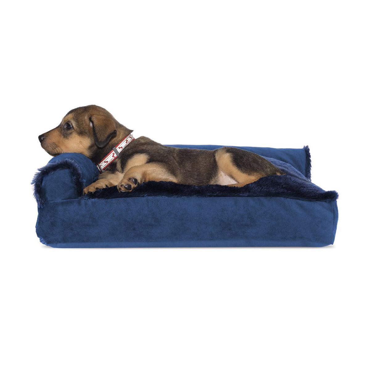 FurHaven Plush & Velvet Deluxe Chaise Lounge Pillow Sofa-Style Pet Bed - Deep Sapphire