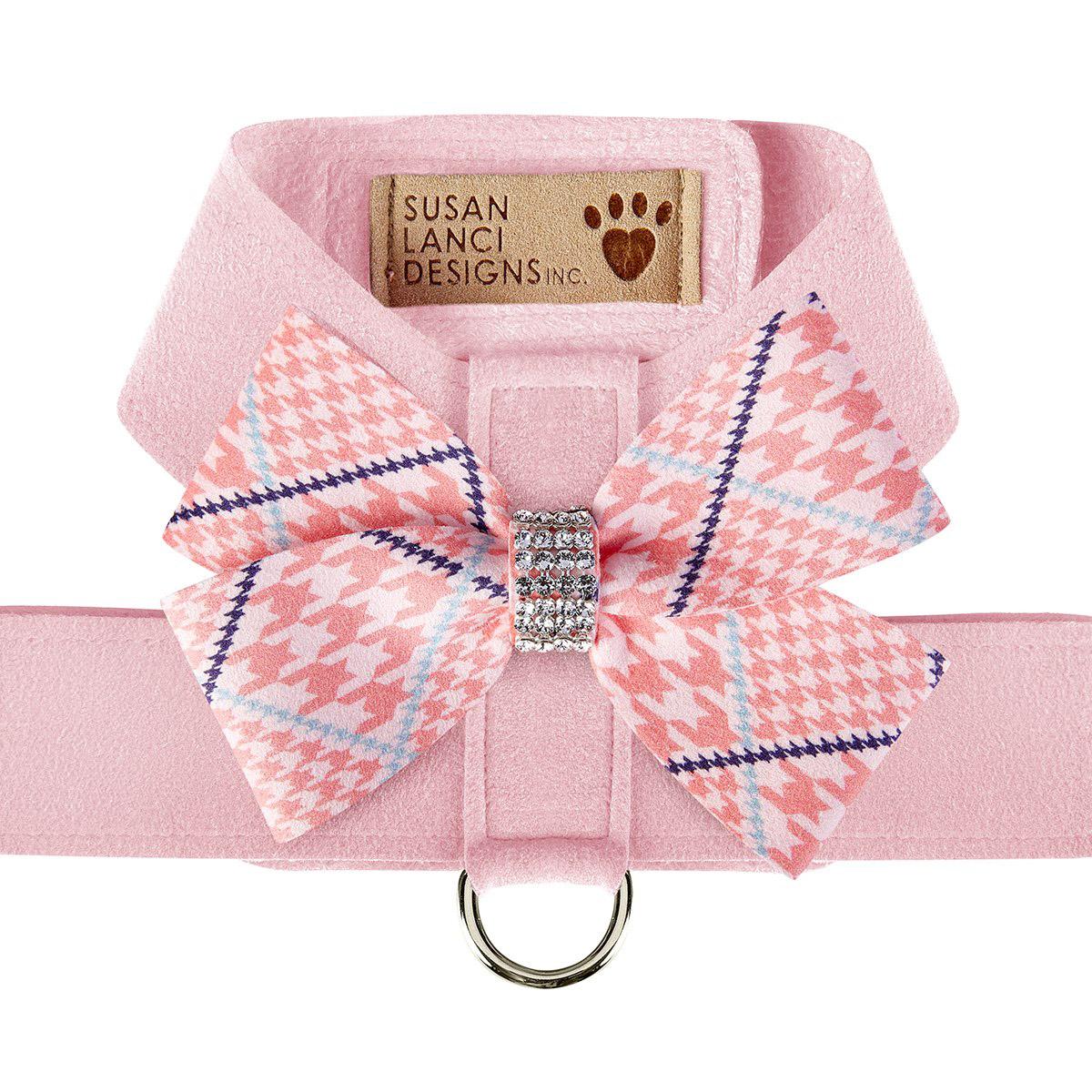 Peaches & Cream Glen Houndstooth Nouveau Bow Tinkie Dog Harness by Susan Lanci - Puppy Pink