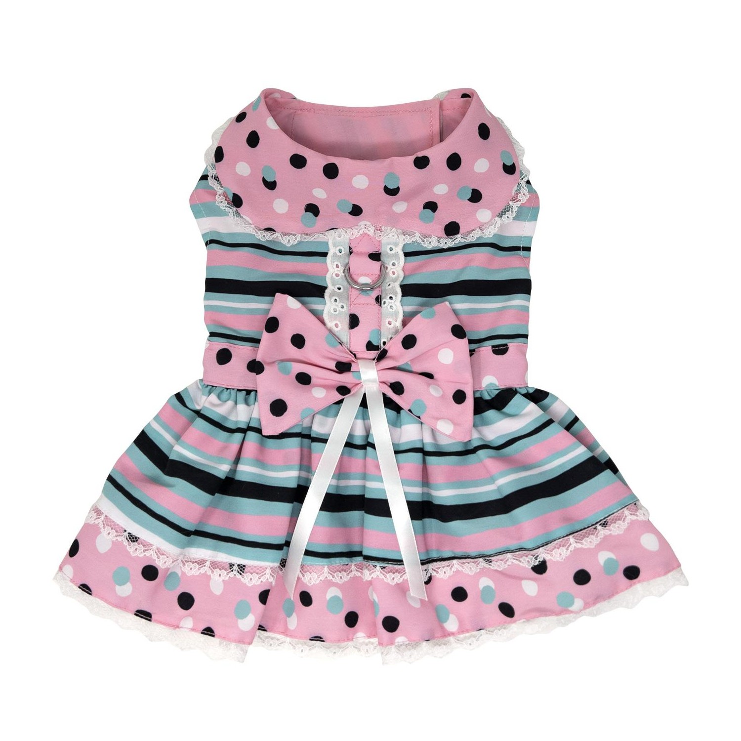 Dots and Stripes Dog Harness Dress with Matching Leash by Doggie Design - Pink & Teal