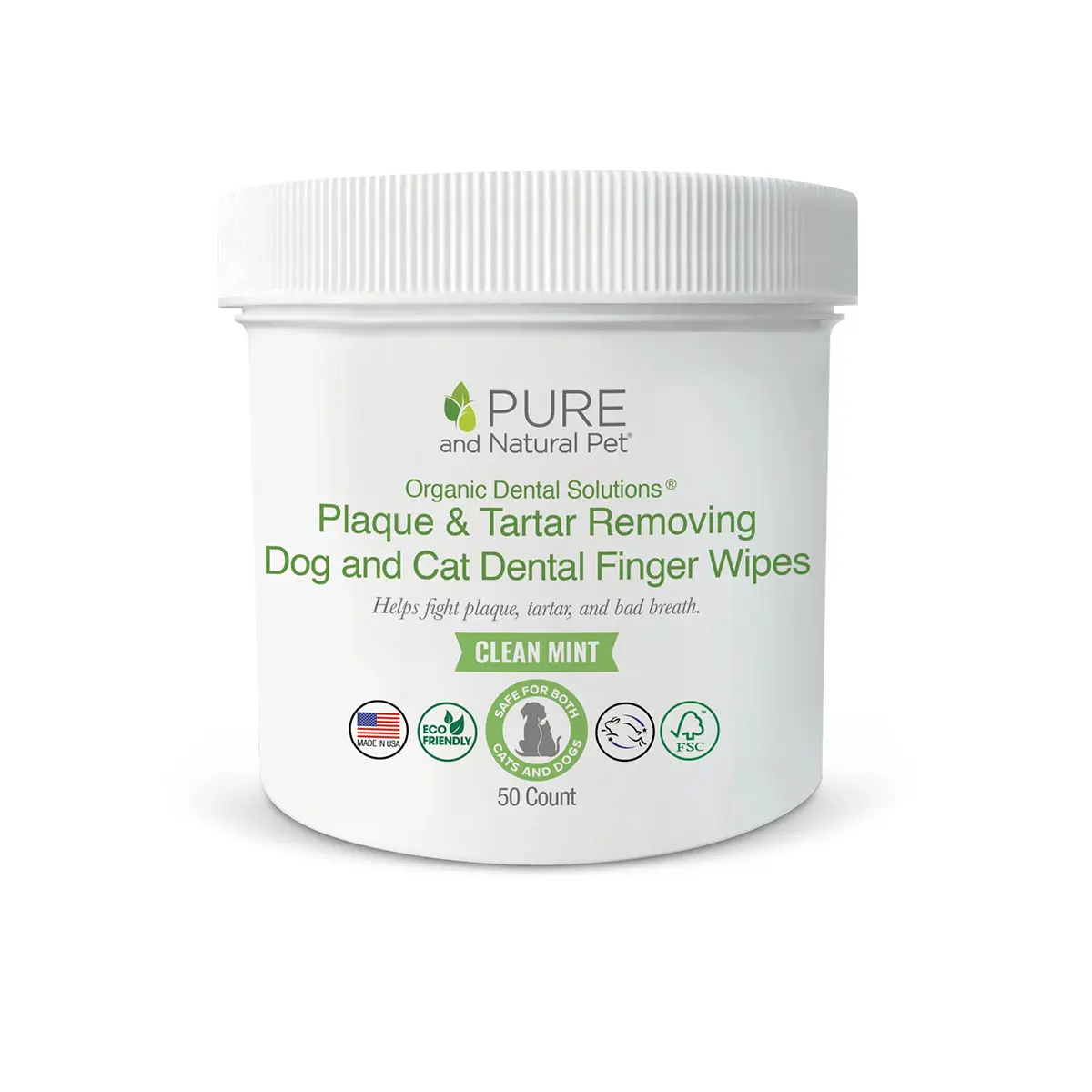 Pure and Natural Pet Dental Solutions Plaque & Tartar Removing Wipes for Dogs & Cats