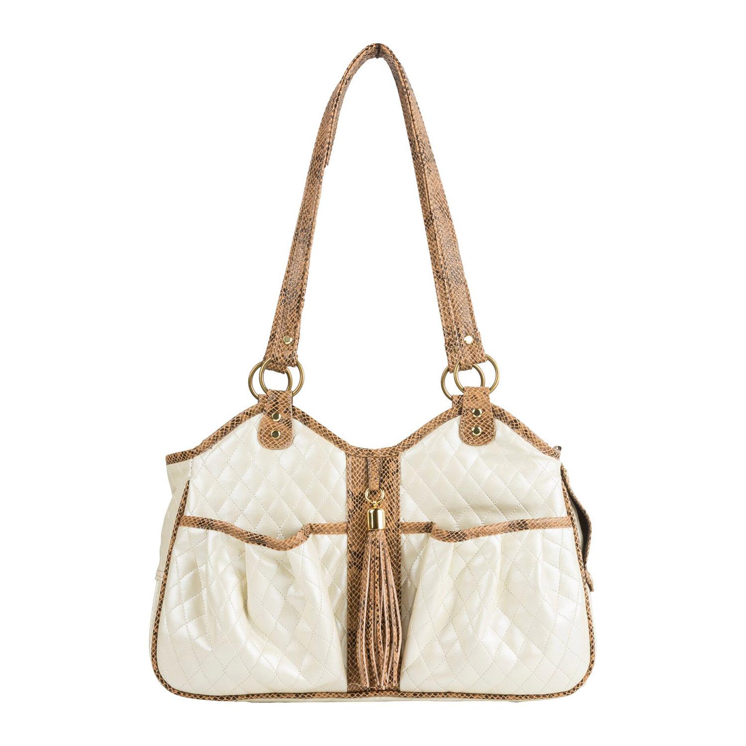Petote Quilted Luxe Metro Tassel Dog Carrier - Ivory Pearl with Snakeskin