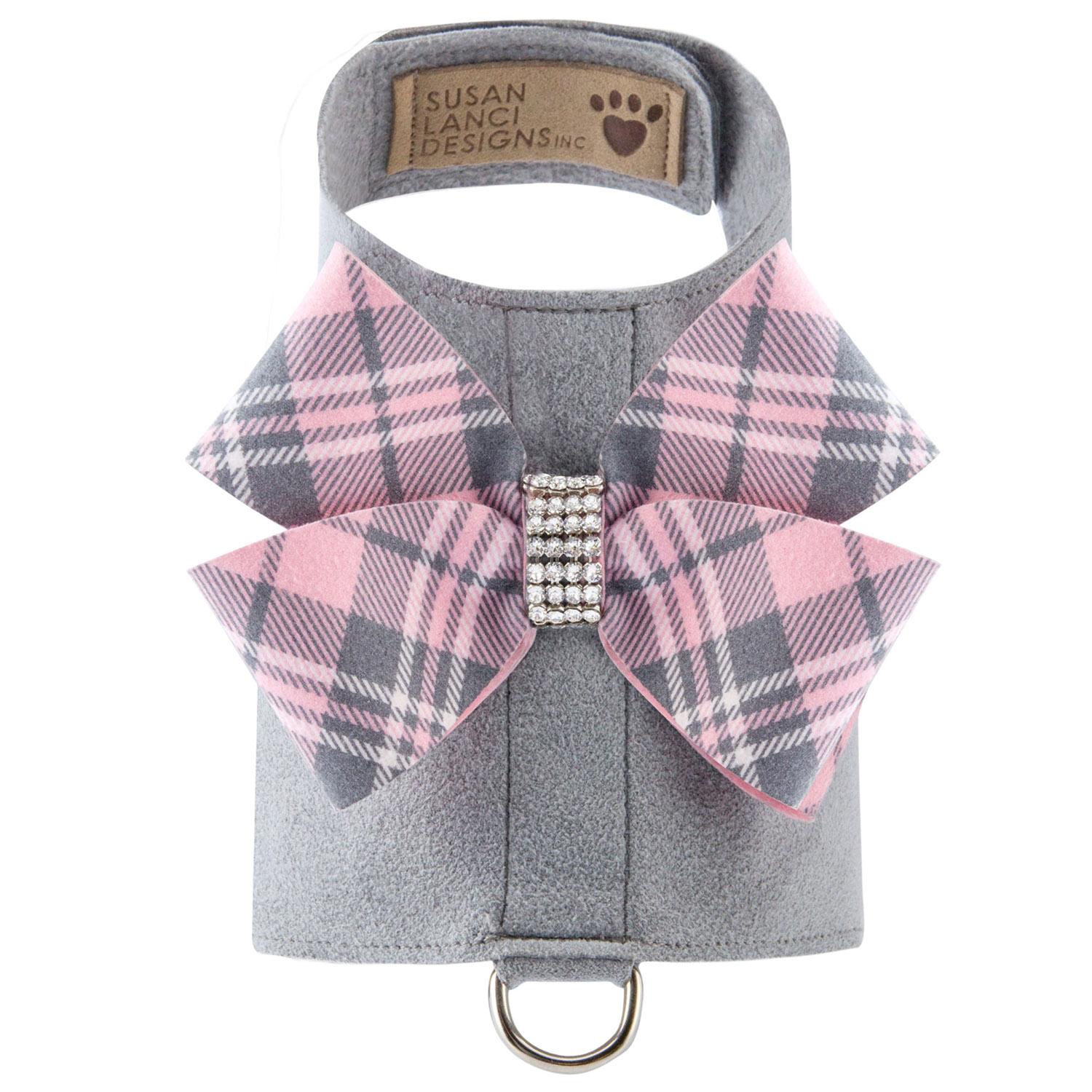 Scotty Bailey Dog Harness with Nouveau Bow by Susan Lanci - Platinum with Puppy Pink Plaid 