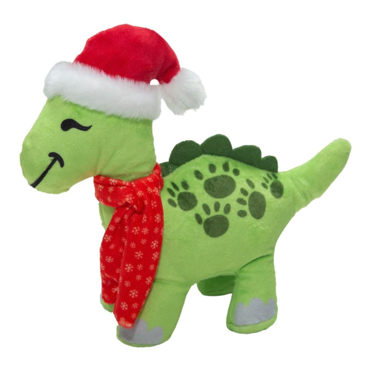 SnugArooz Holiday Dino Plush Dog Toy - Brontosaurus with Santa Hat