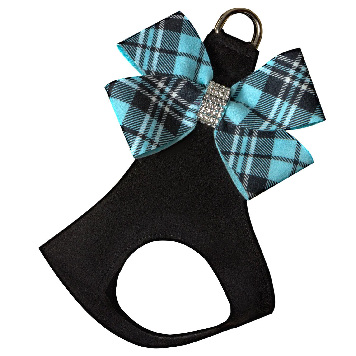 Scotty Nouveau Bow Step-In Dog Harness by Susan Lanci - Black with Tiffi Blue Plaid