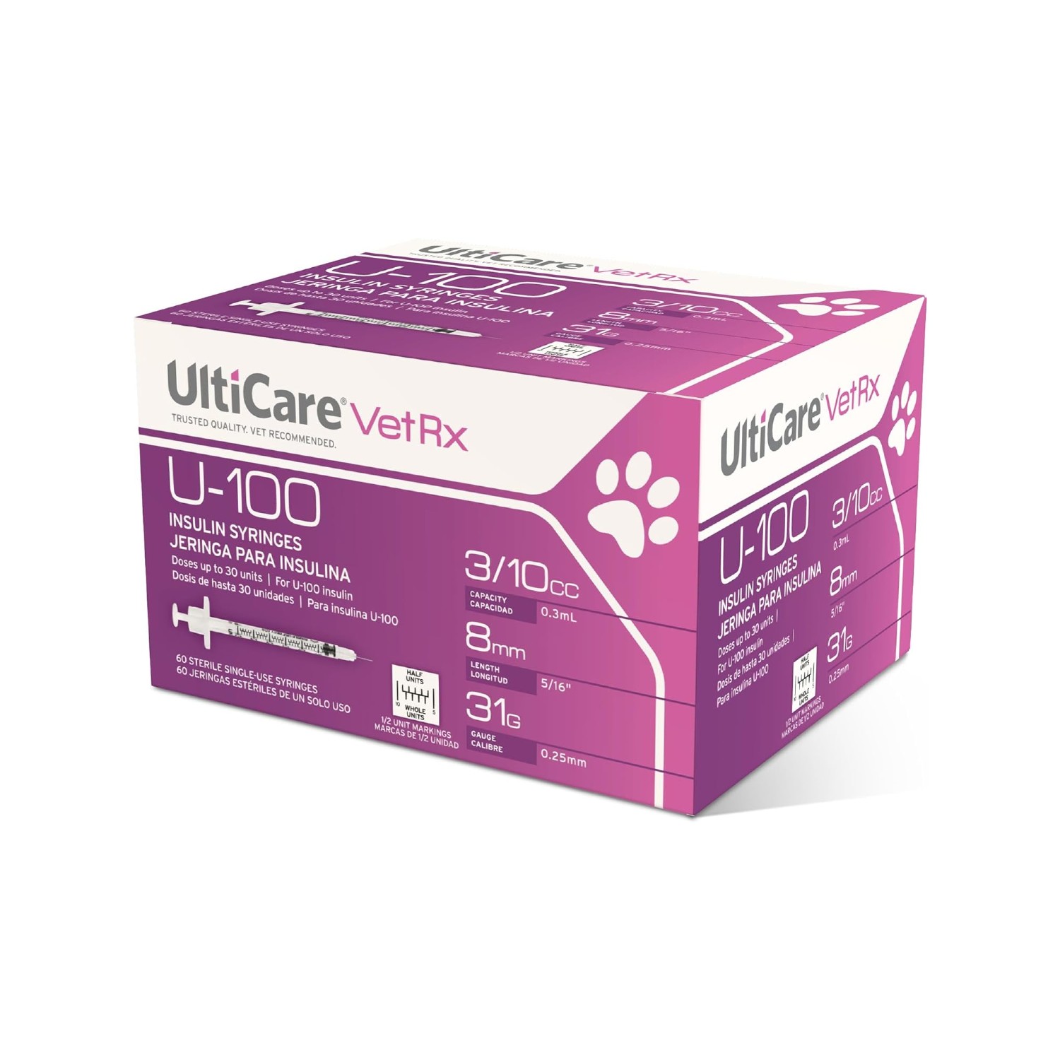 UltiCare VetRx U-100 Insulin Syringes 1/2 Unit Markings for Dogs & Cats