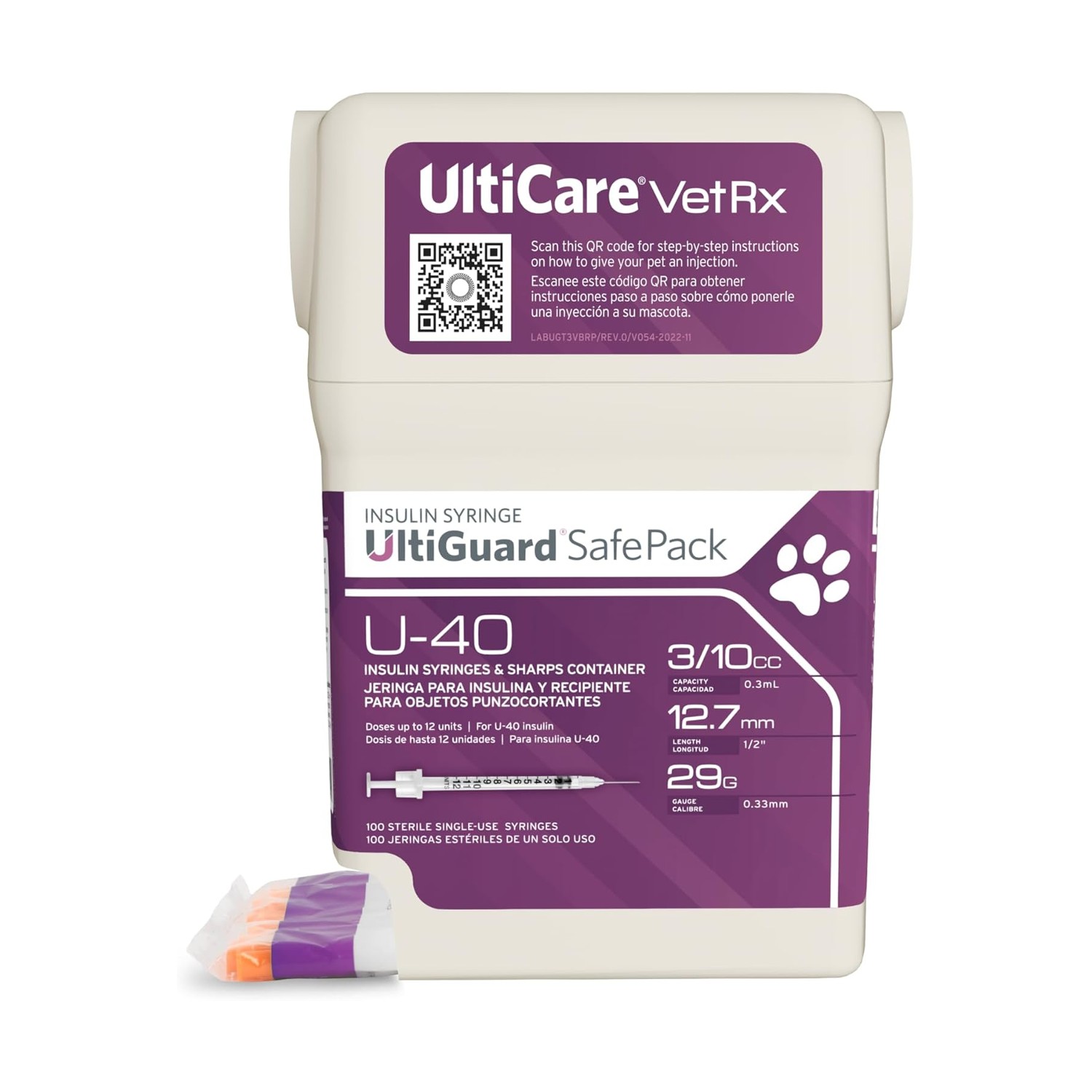 UltiCare VetRx U-40 Insulin Syringes 1/2 Unit Markings with Disposal Container