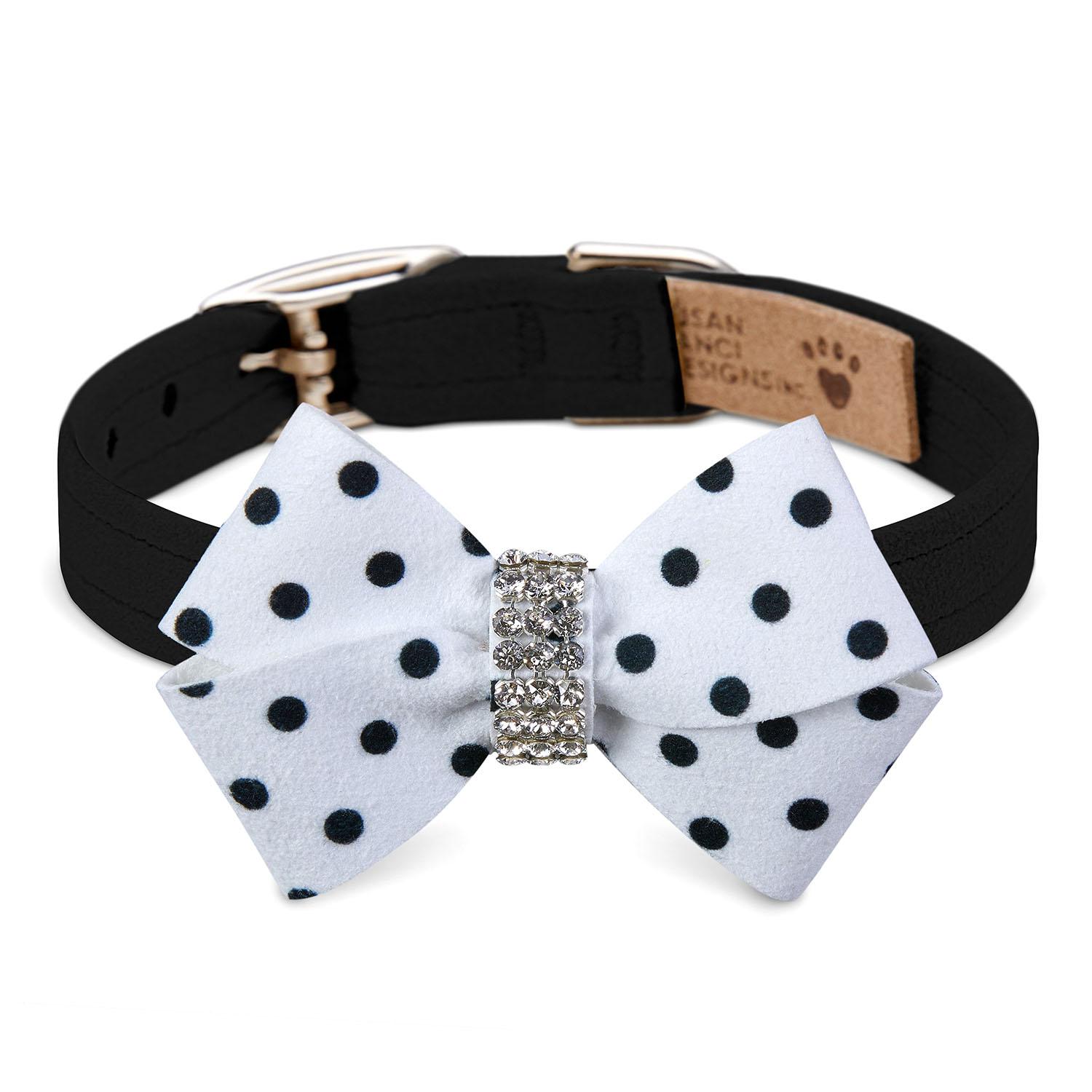 Susan Lanci Black & White Polka Dot Nouveau Bow Luxury Dog Collar - Black