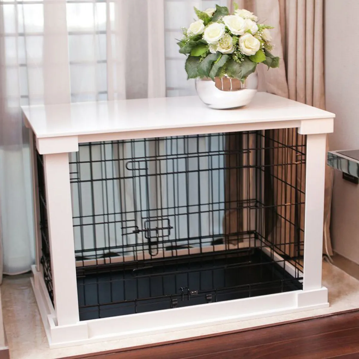 Merry Products Wood and Wire End Table Dog Cage - White