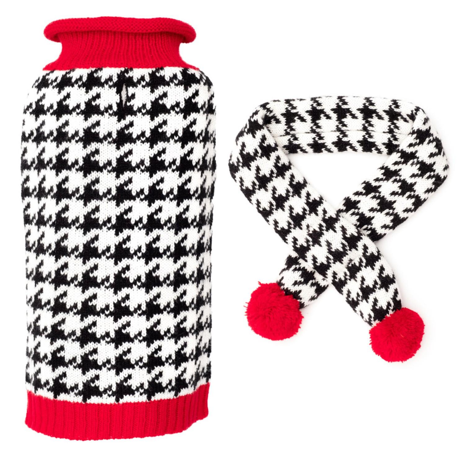 Worthy Dog Houndstooth Turtleneck Dog Sweater & Scarf Set - Black