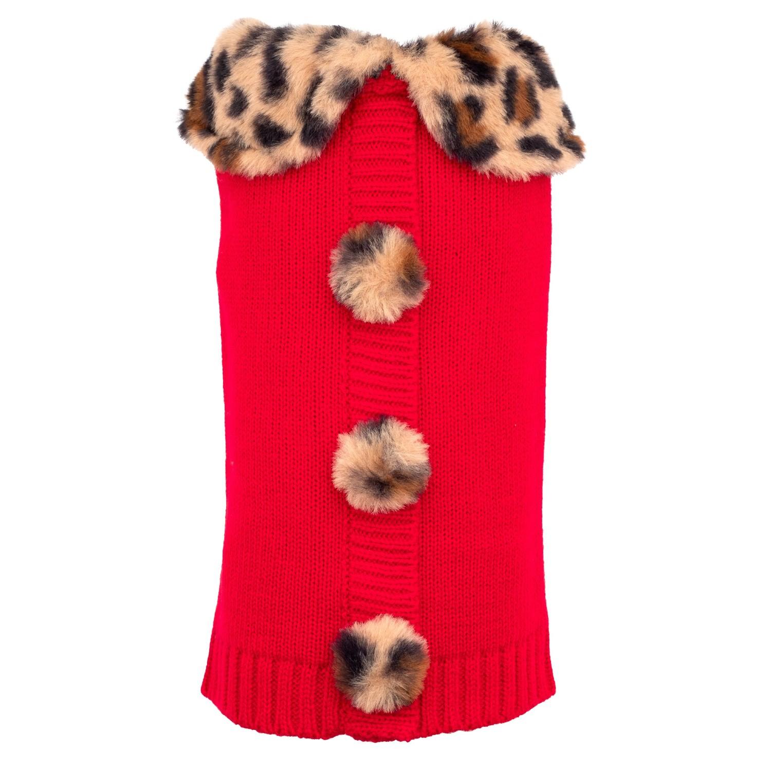 Worthy Dog Leopard Collar Cardigan Dog Sweater - Red