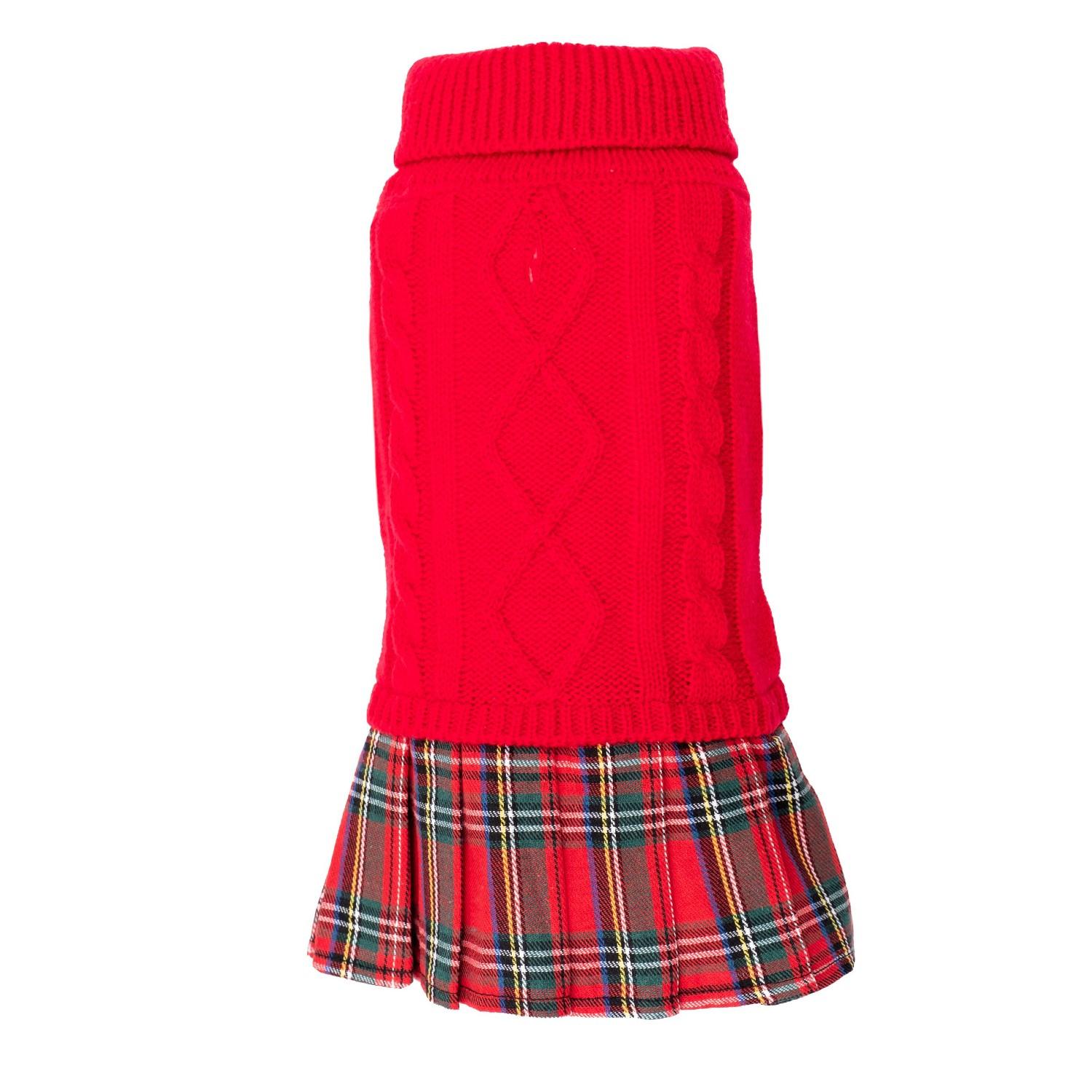 Worthy Dog Turtleneck Dog Dress - Red with Red Tartan Skirt